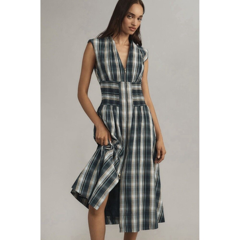 Anthropologie Tommie Cap Sleeve Smocked Front Zip Dress. Sz PXS Blue NWT